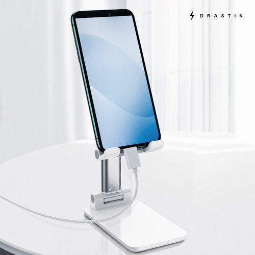 White Adjustable Phone Stand holding a charging phone upright