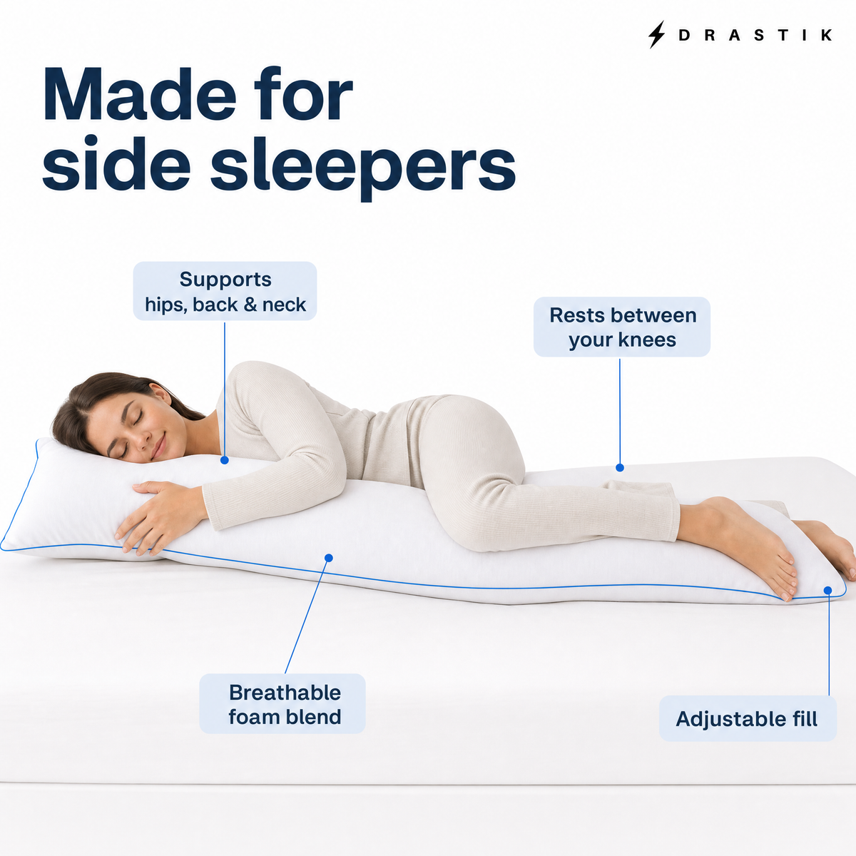 Made for side sleepers: supports hips, back and neck, rests between your knees, breathable foam blend, adjustable fill