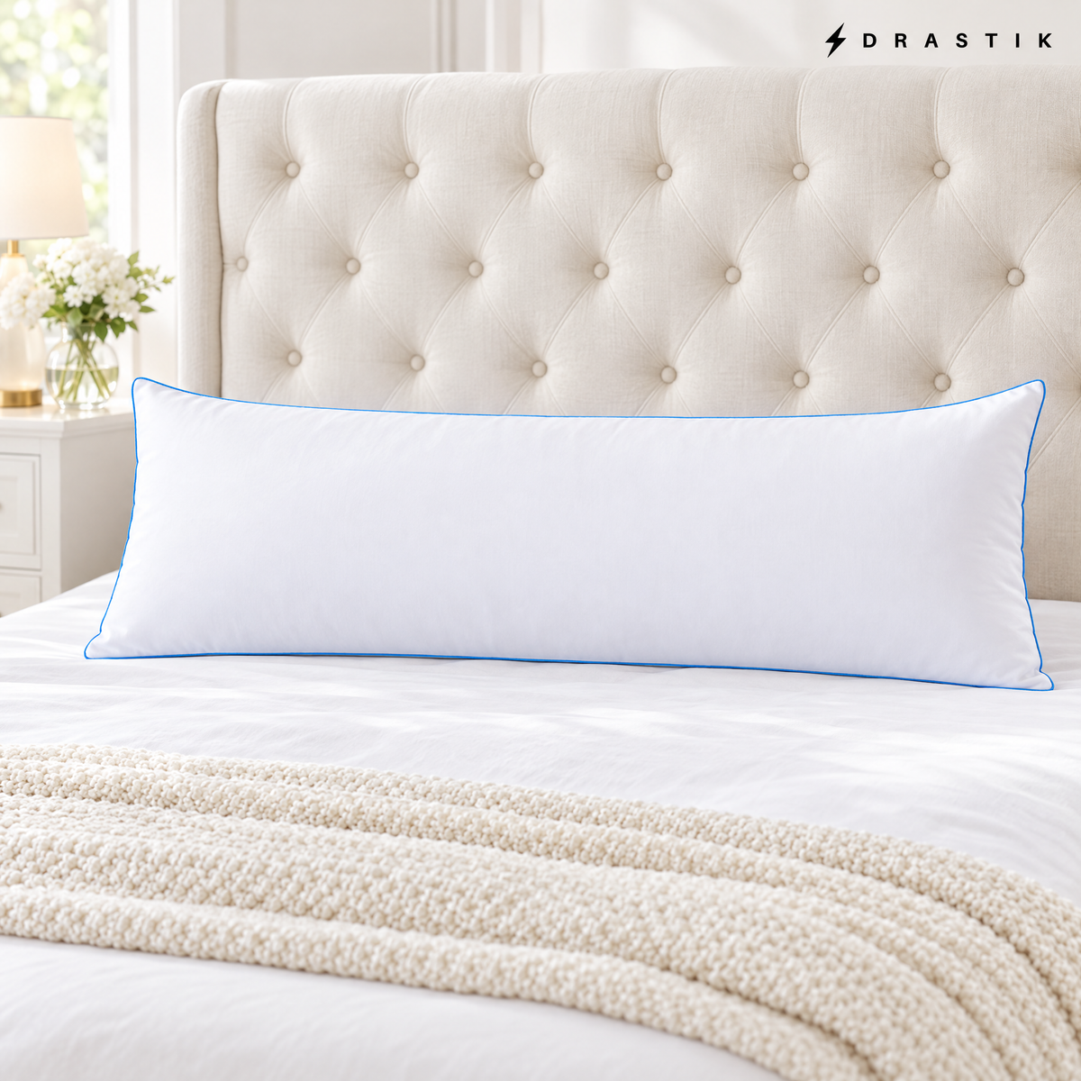 Memory Foam Body Pillow, white with blue piping, on a made bed
