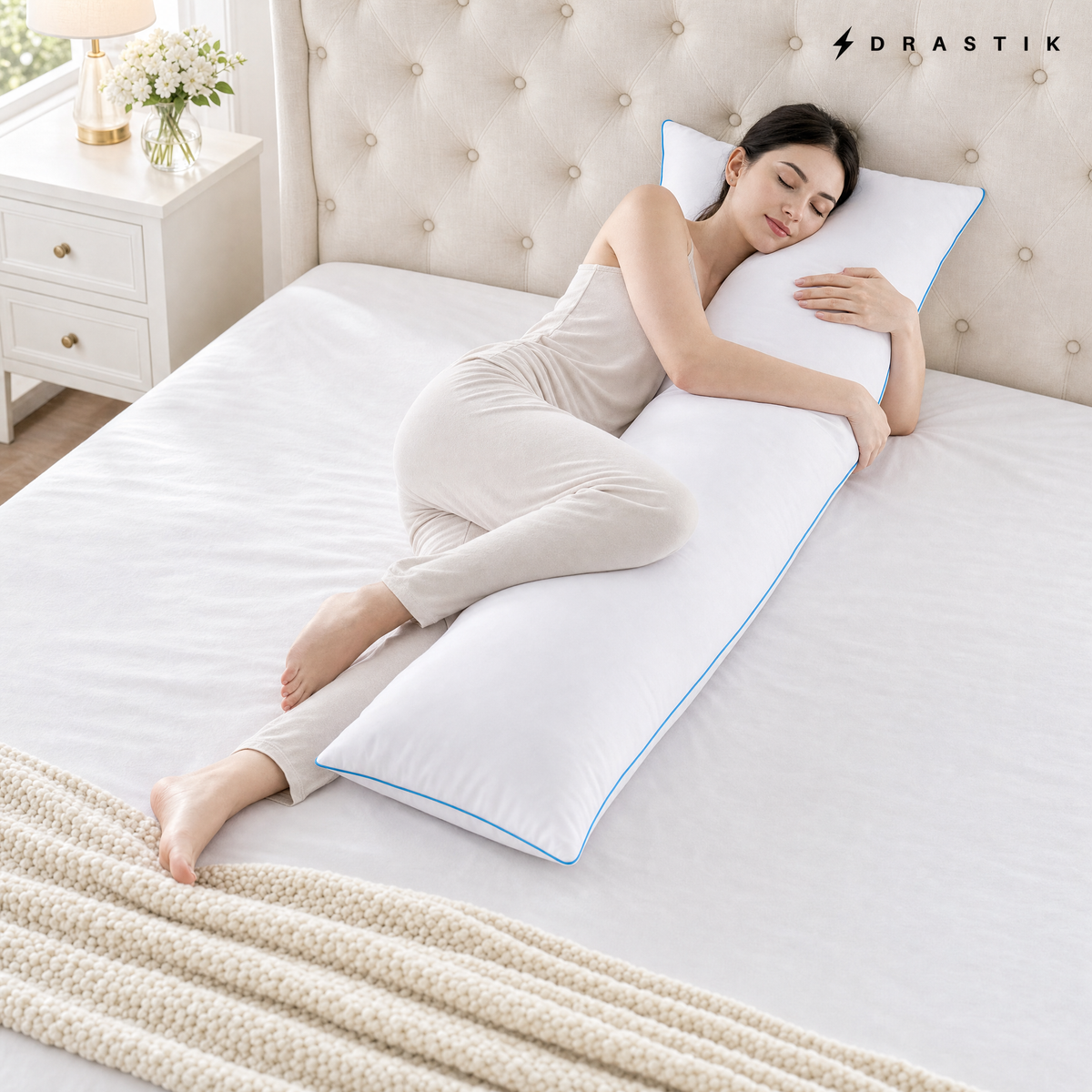Adult sleeping on their side, hugging the 54-inch Memory Foam Body Pillow