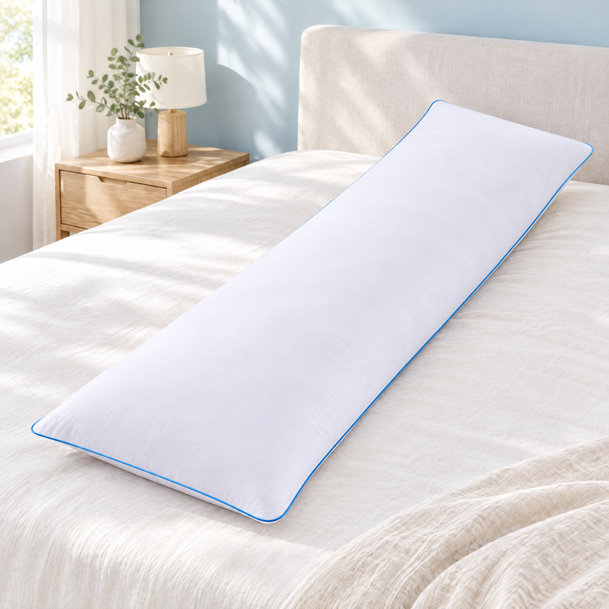 White memory foam body pillow with blue piping on a bed.