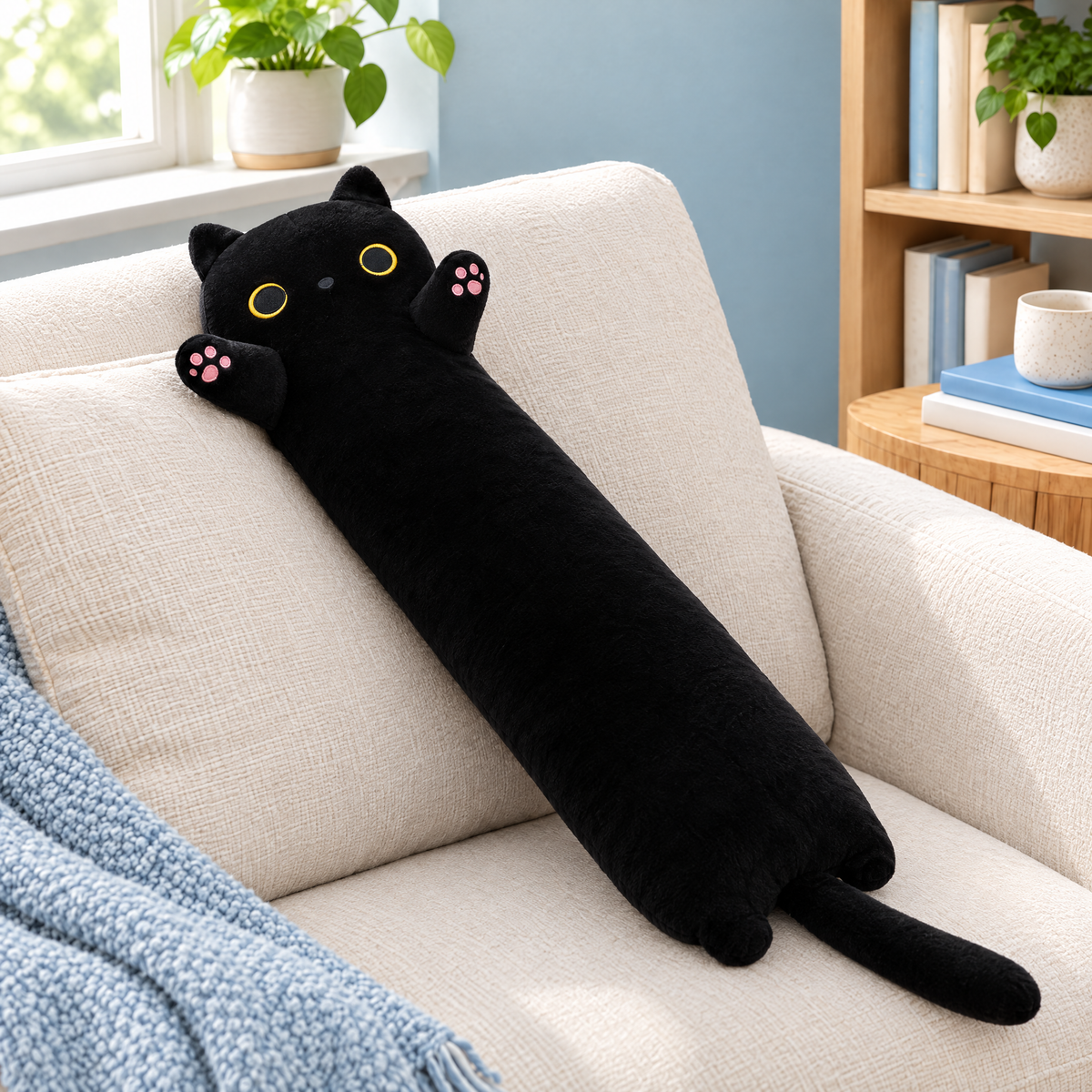 Black cat plush pillow lying on an ivory sofa.