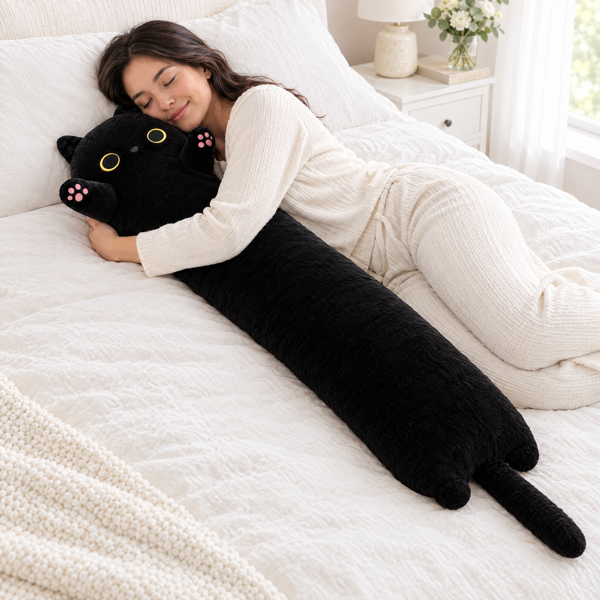 Woman hugging the 35.4-inch black cat plush pillow in bed.