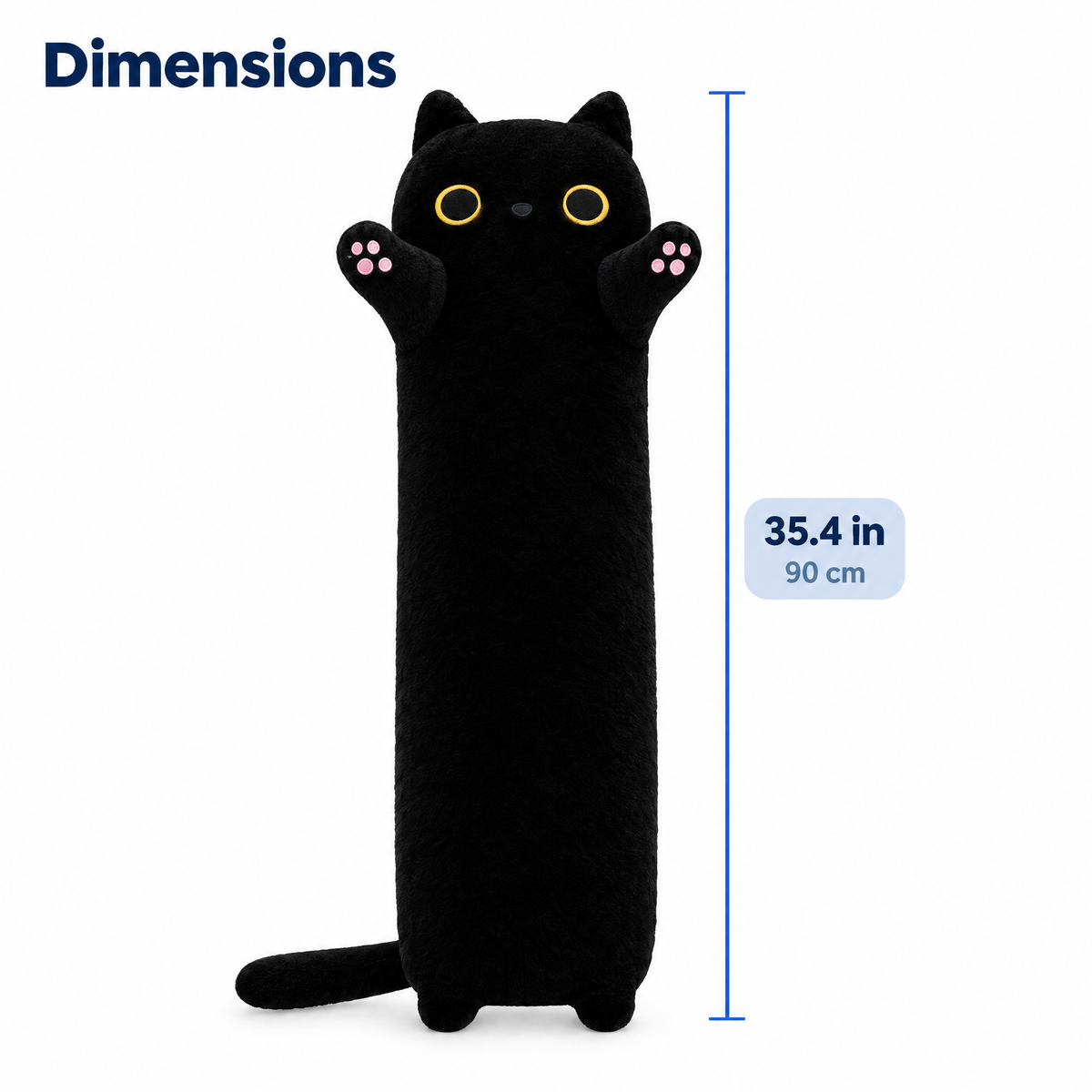 Black cat plush pillow measuring 35.4 inches (90 cm) long.