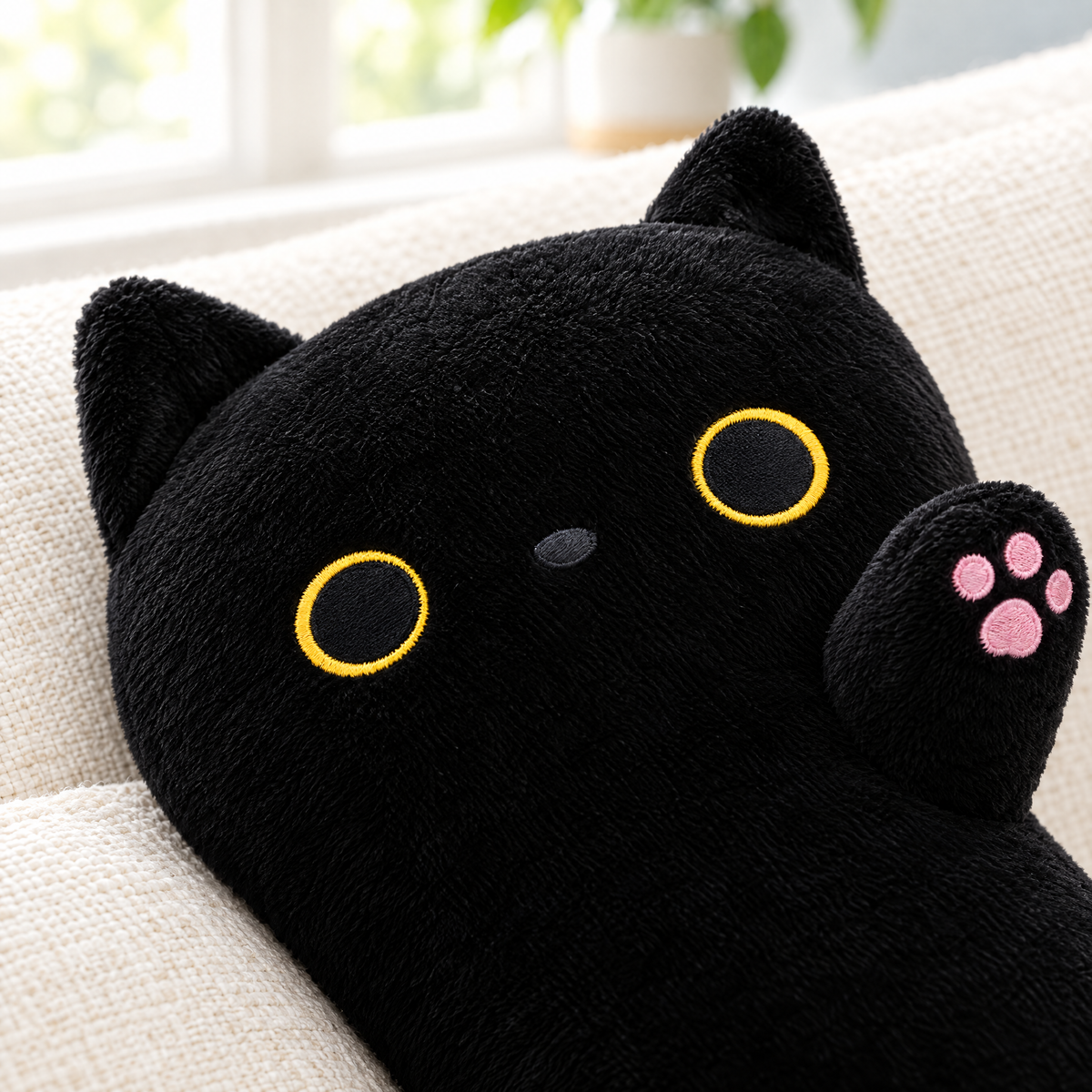 Close-up of the black cat plush pillow's yellow-rimmed eyes and pink paw pads.